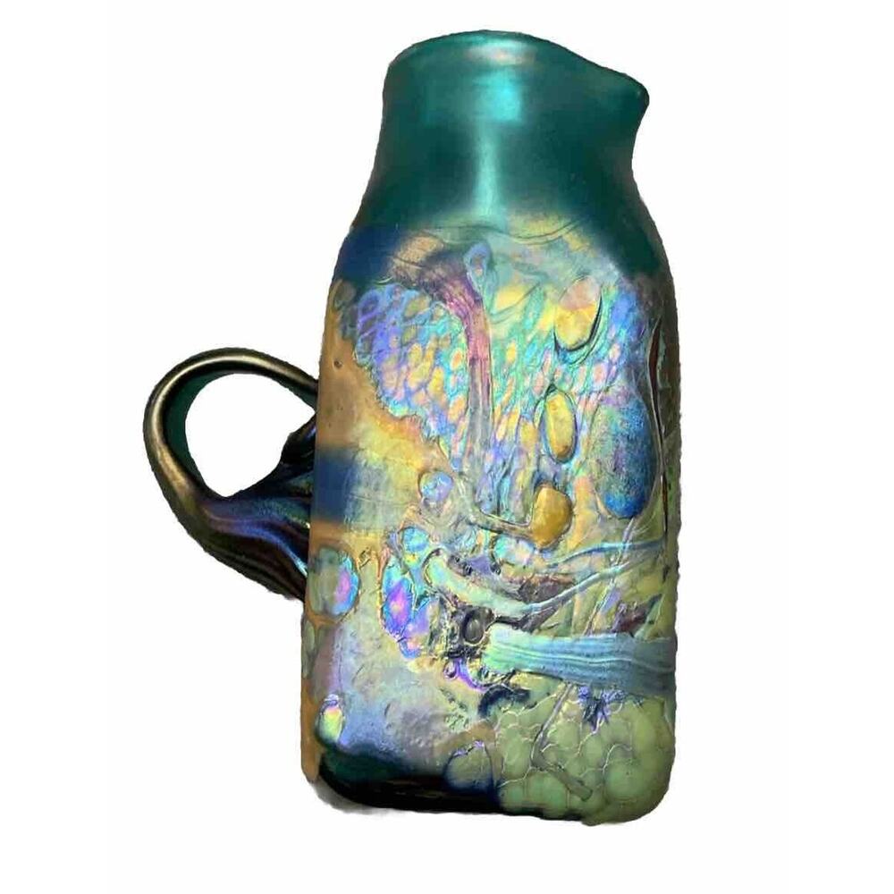Small Blown Glass Pitcher Teal Iridescent Glass Handle Peacock Colors 5.75”